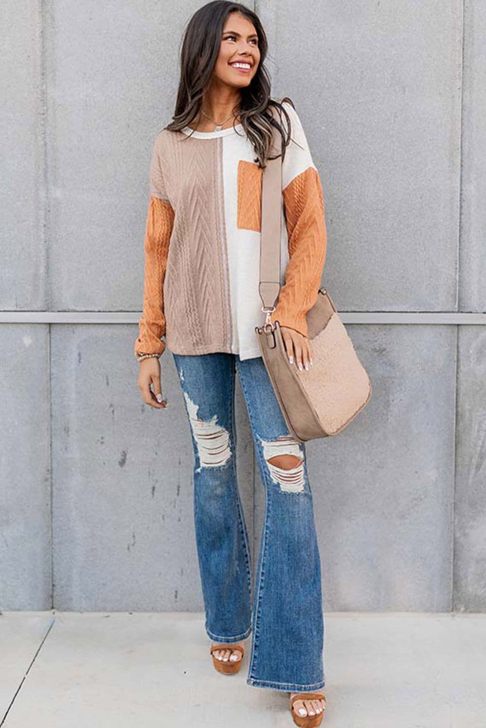 image-Black Long Sleeve Colorblock Chest Pocket Textured Knit Top