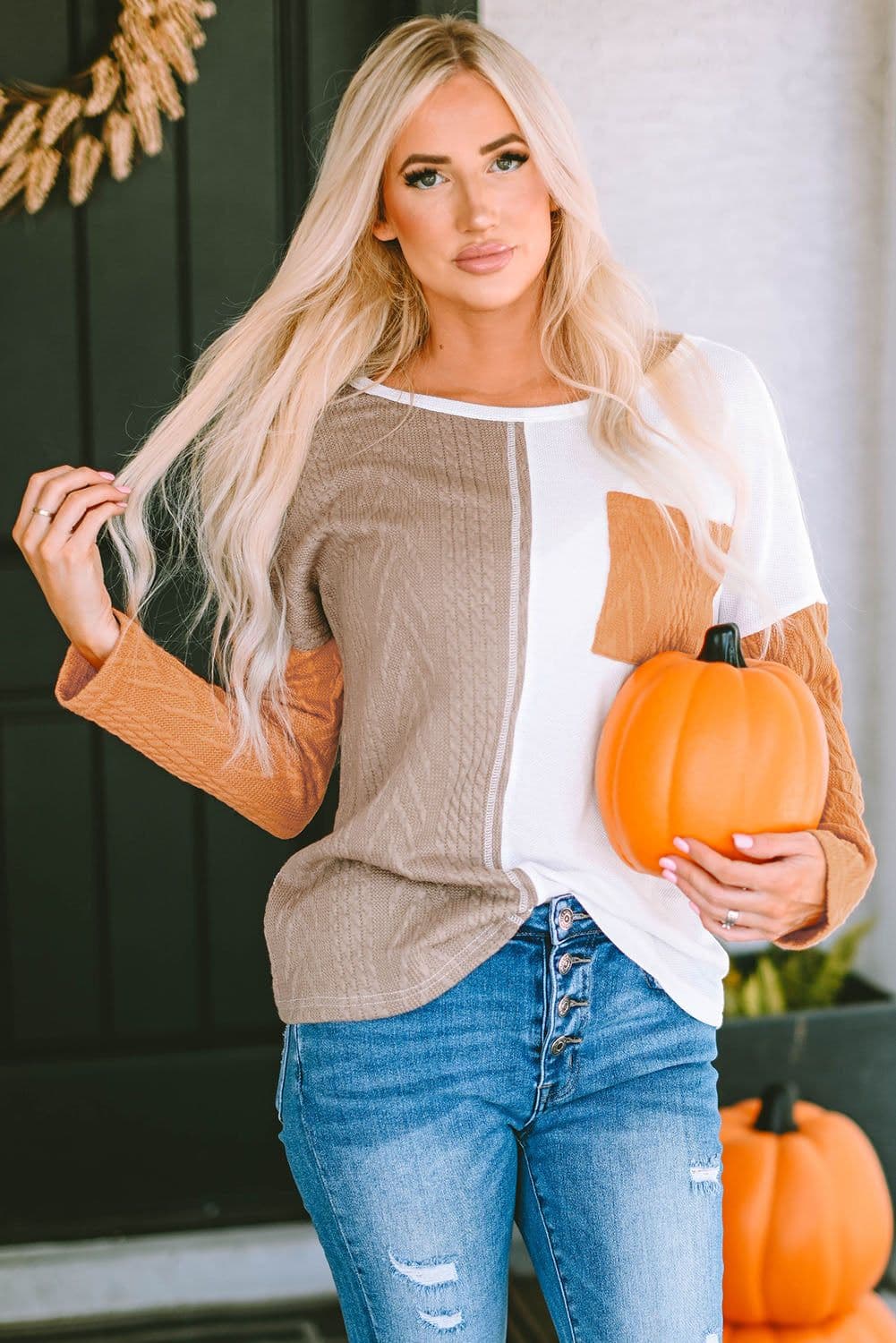 image-Black Long Sleeve Colorblock Chest Pocket Textured Knit Top