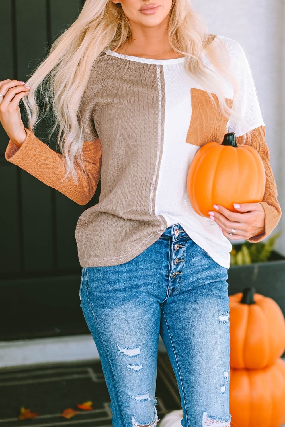 image-Black Long Sleeve Colorblock Chest Pocket Textured Knit Top