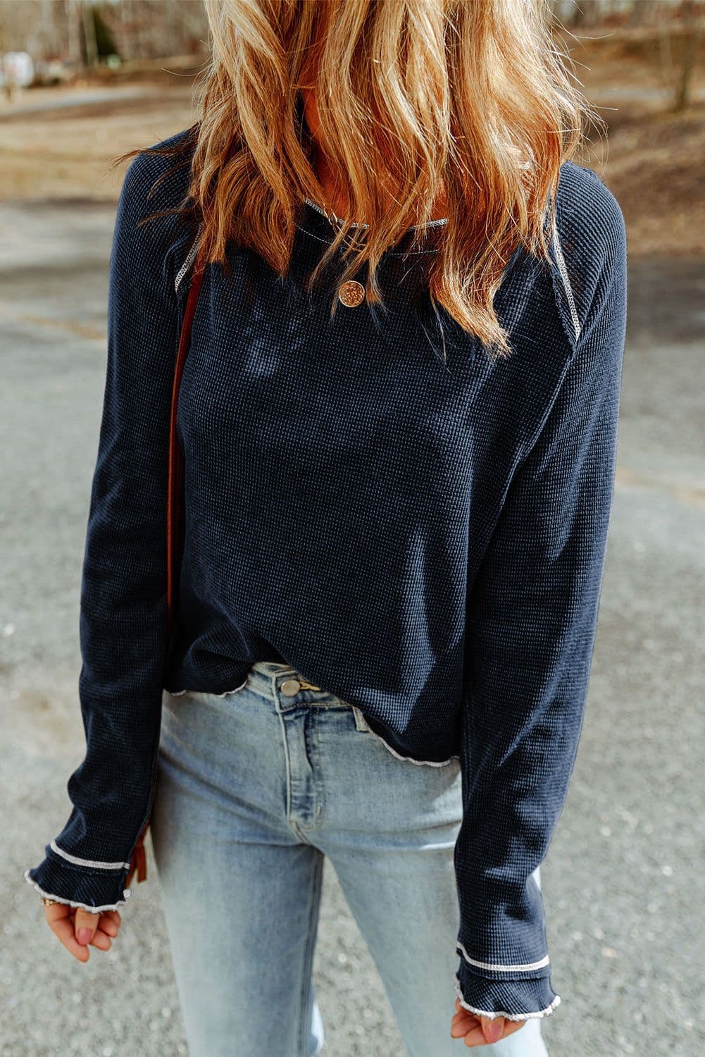 image-Blue Textured Round Neck Long Sleeve Top