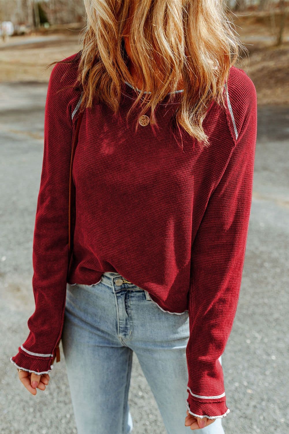 image-Blue Textured Round Neck Long Sleeve Top
