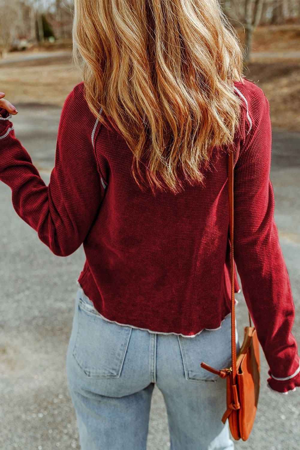 image-Blue Textured Round Neck Long Sleeve Top