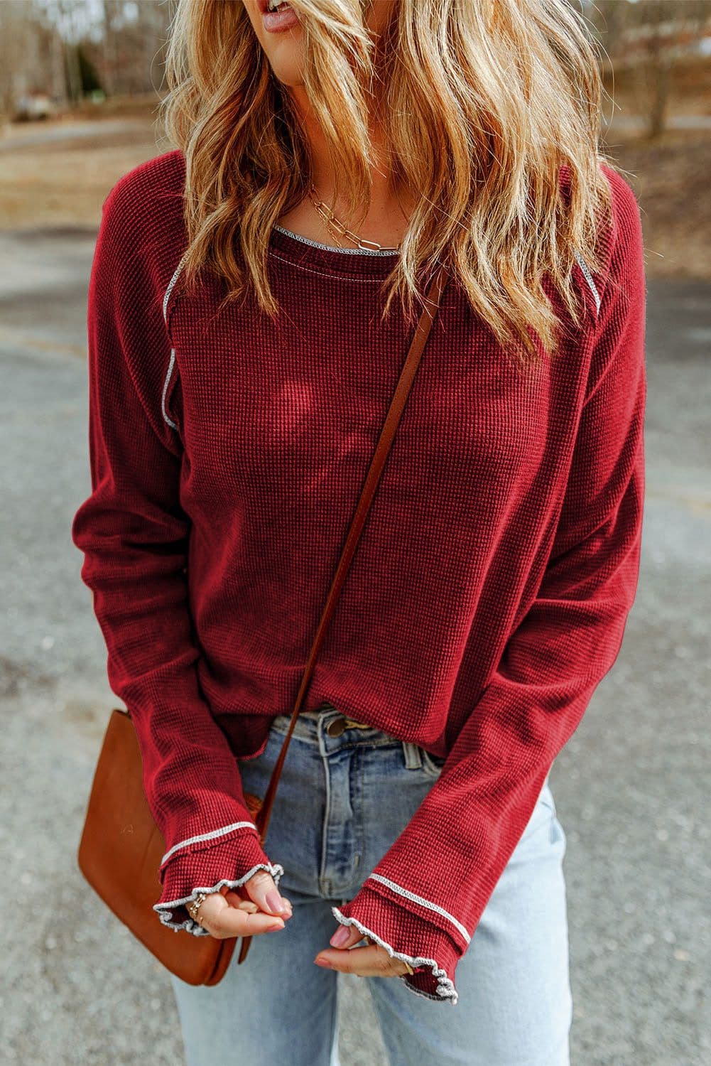 image-Blue Textured Round Neck Long Sleeve Top