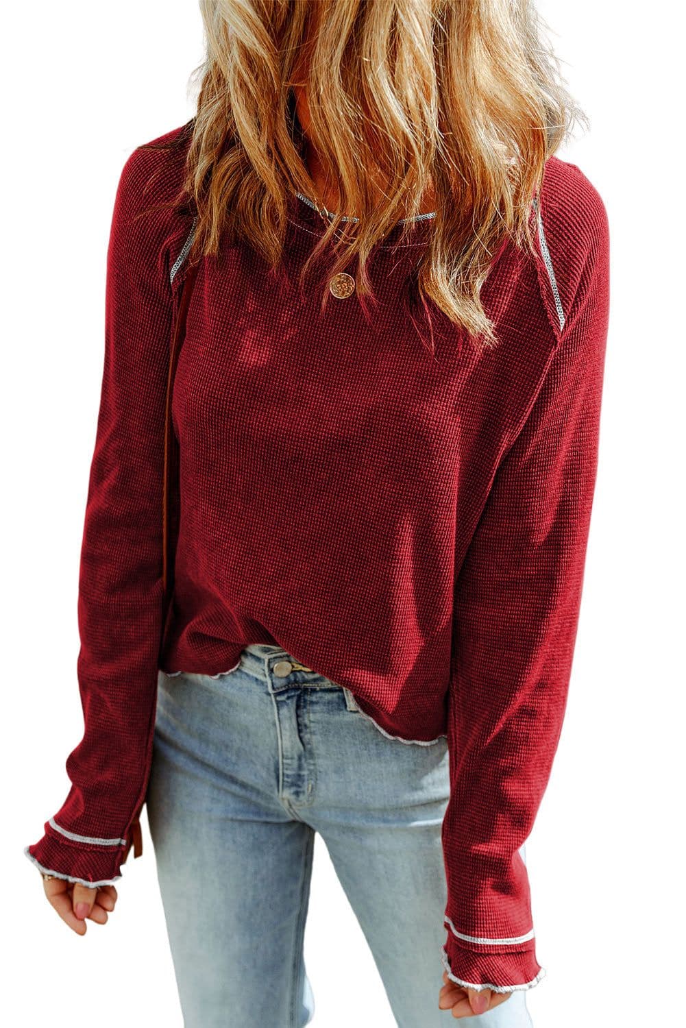 image-Blue Textured Round Neck Long Sleeve Top