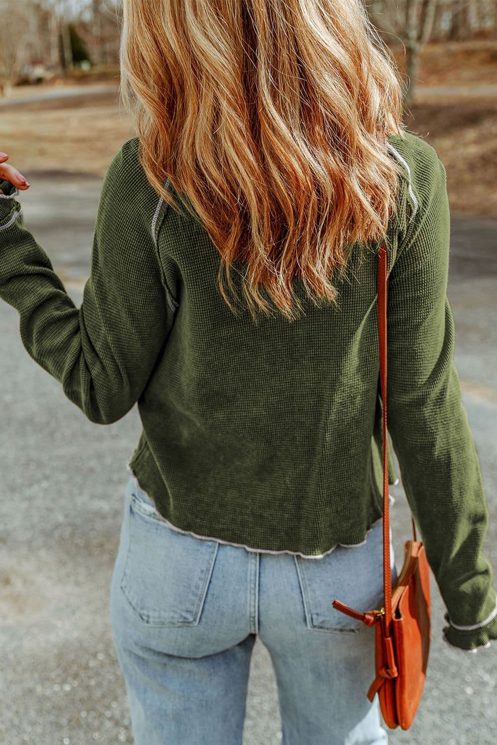 image-Blue Textured Round Neck Long Sleeve Top