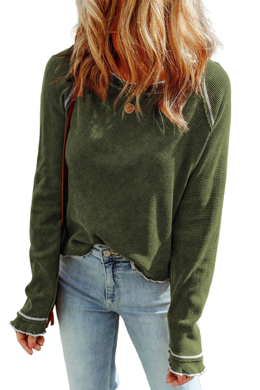 image-Blue Textured Round Neck Long Sleeve Top