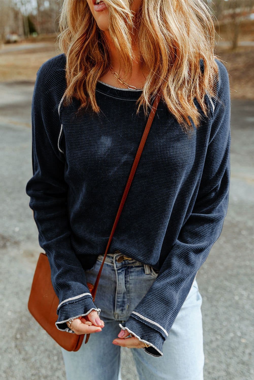 image-Blue Textured Round Neck Long Sleeve Top