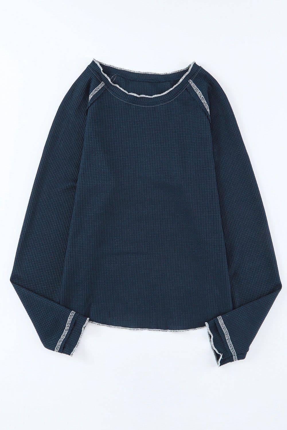 image-Blue Textured Round Neck Long Sleeve Top