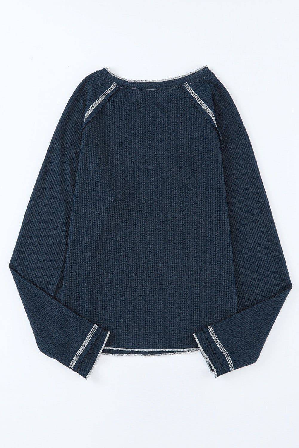 image-Blue Textured Round Neck Long Sleeve Top