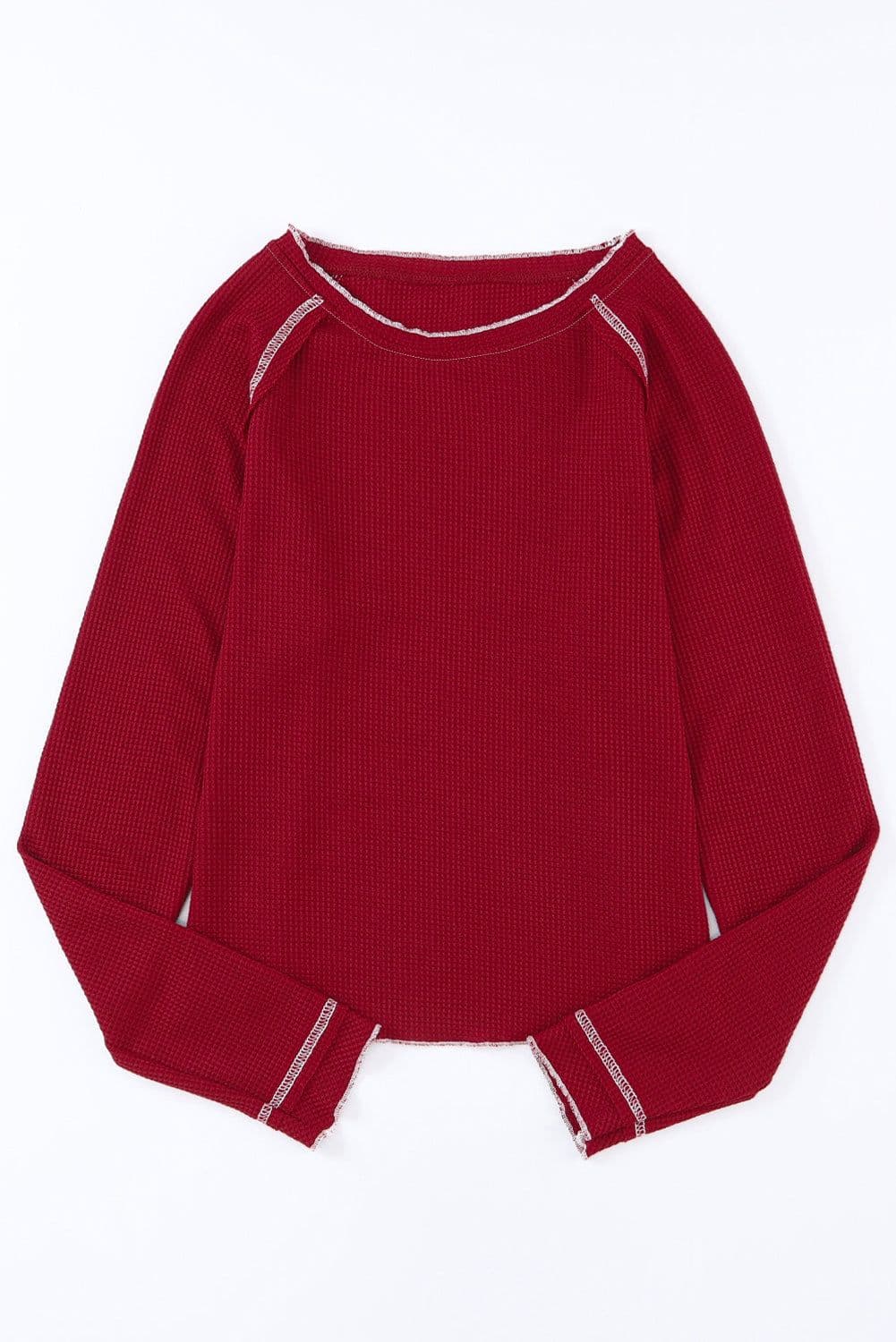 image-Blue Textured Round Neck Long Sleeve Top