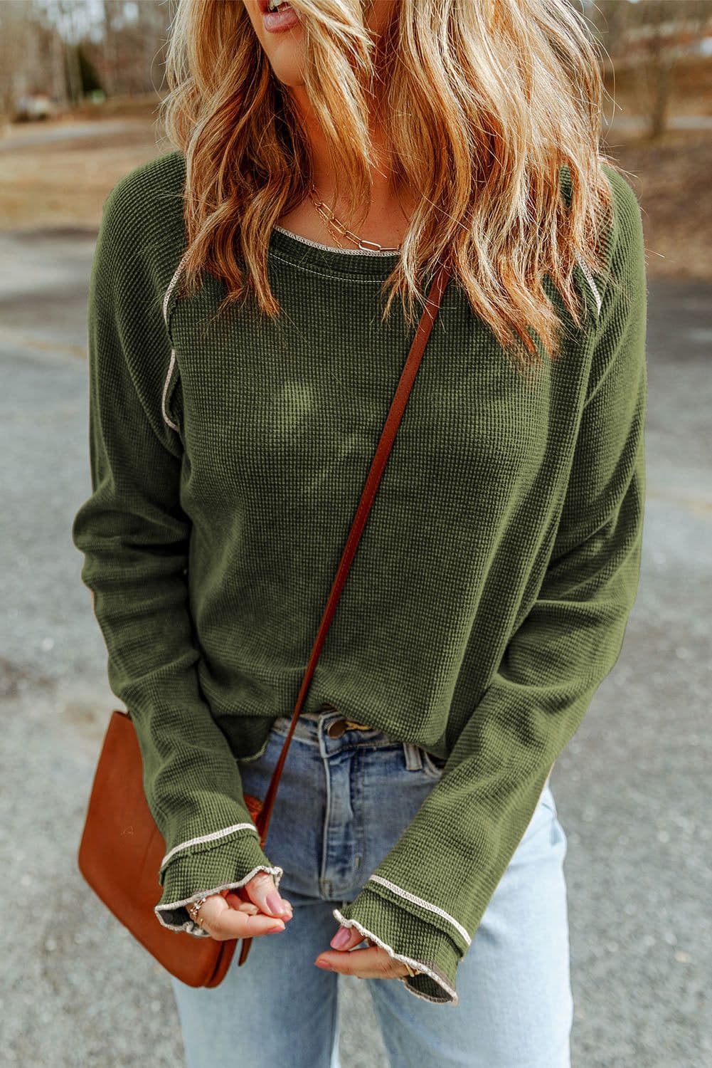 image-Blue Textured Round Neck Long Sleeve Top