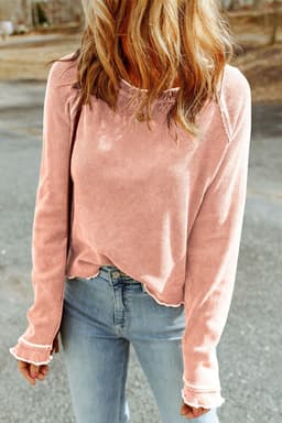 image-Blue Textured Round Neck Long Sleeve Top
