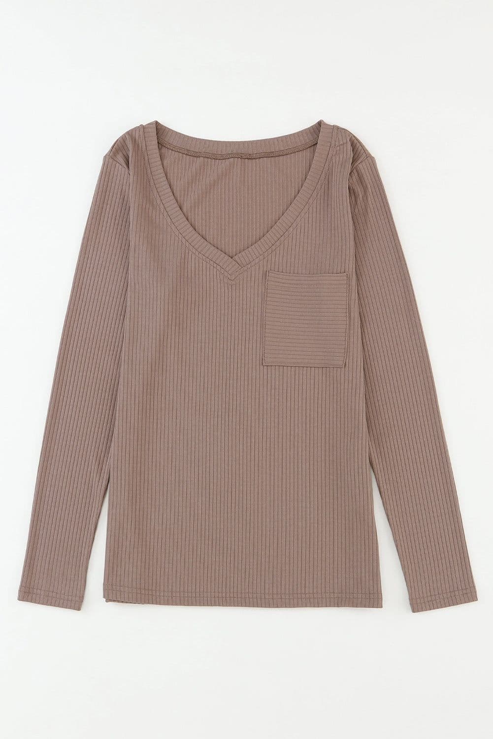 image-Khaki Ribbed Knit Patched Chest Pocket V Neck Top
