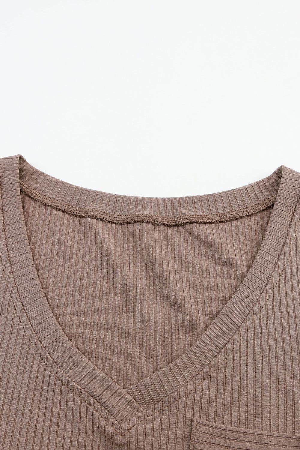image-Khaki Ribbed Knit Patched Chest Pocket V Neck Top