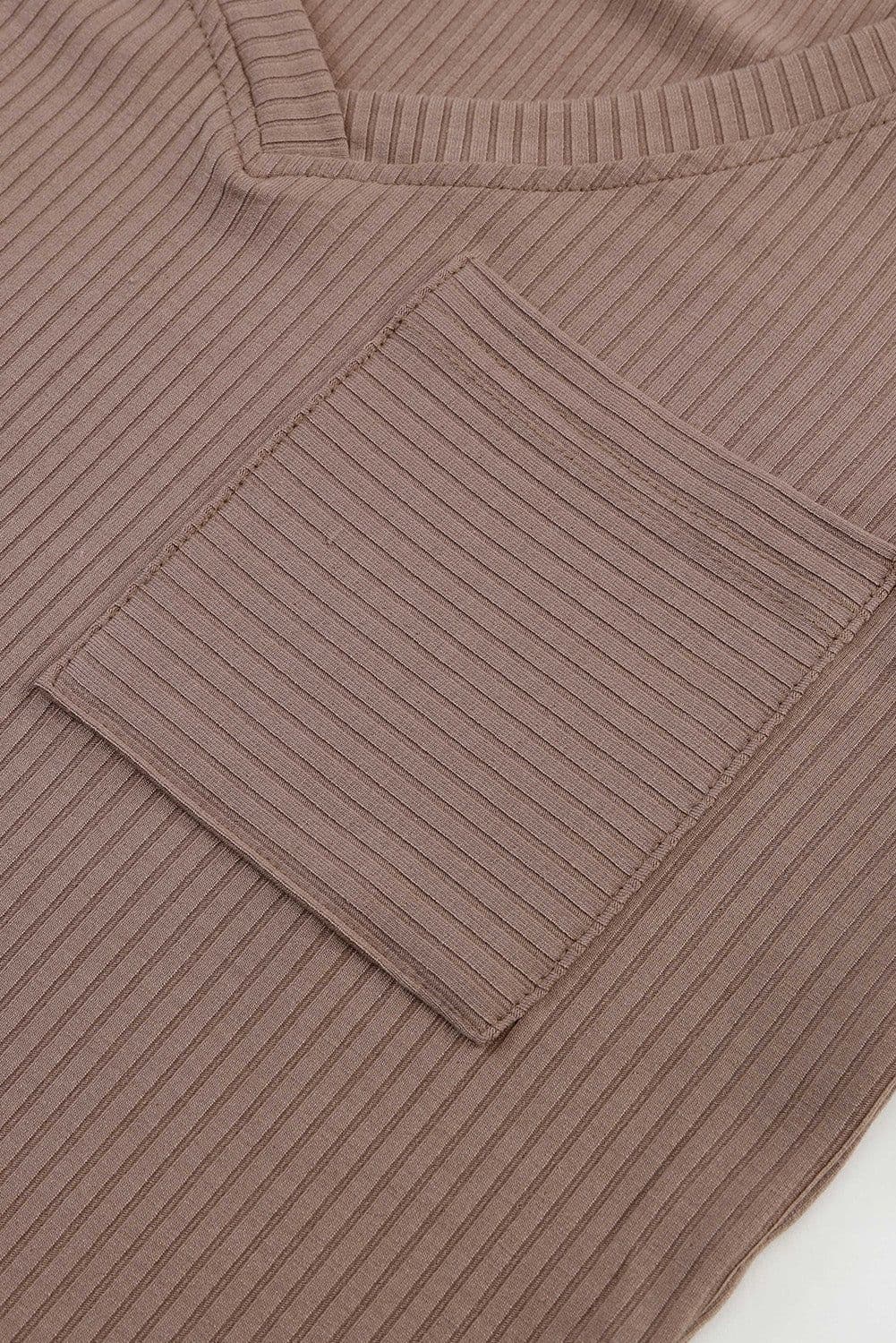 image-Khaki Ribbed Knit Patched Chest Pocket V Neck Top