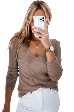 image-Khaki Ribbed Knit Patched Chest Pocket V Neck Top