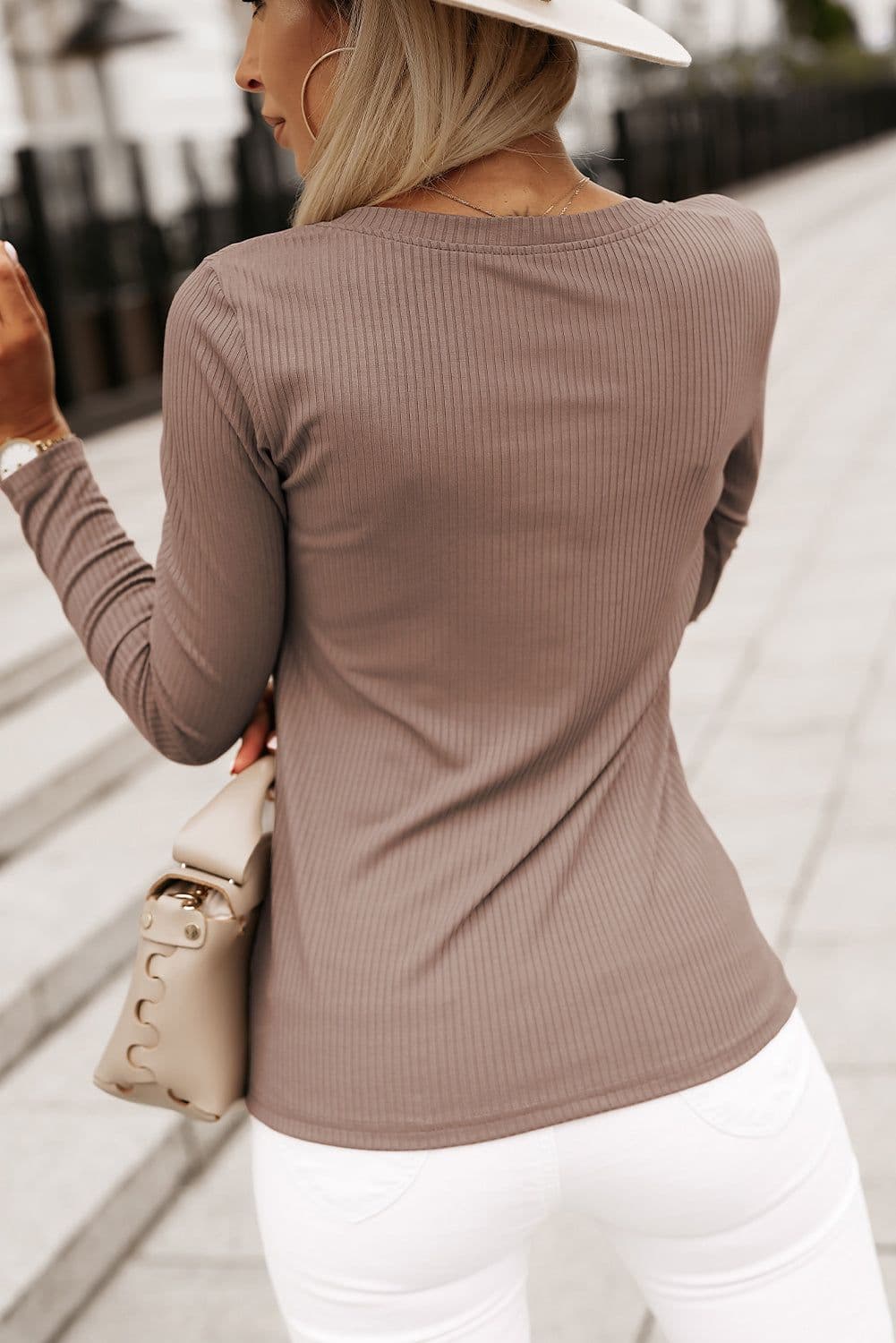 image-Khaki Ribbed Knit Patched Chest Pocket V Neck Top