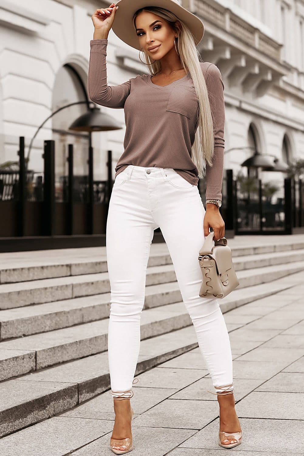 image-Khaki Ribbed Knit Patched Chest Pocket V Neck Top