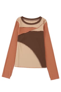 image-Brown Expose Seam Color Block Ribbed Knit Top