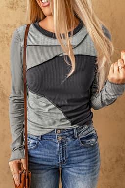 image-Brown Expose Seam Color Block Ribbed Knit Top