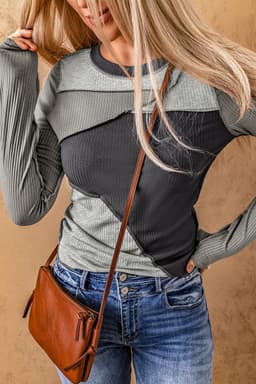 image-Brown Expose Seam Color Block Ribbed Knit Top