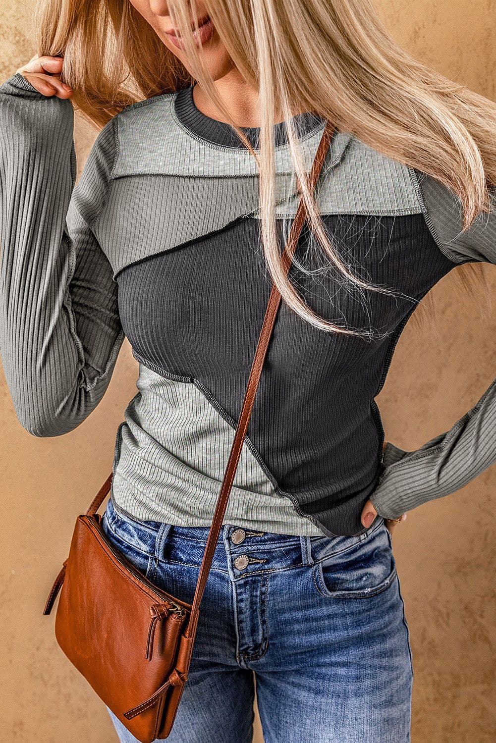 image-Brown Expose Seam Color Block Ribbed Knit Top