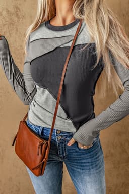 image-Brown Expose Seam Color Block Ribbed Knit Top
