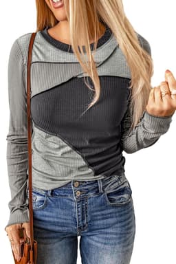 image-Brown Expose Seam Color Block Ribbed Knit Top