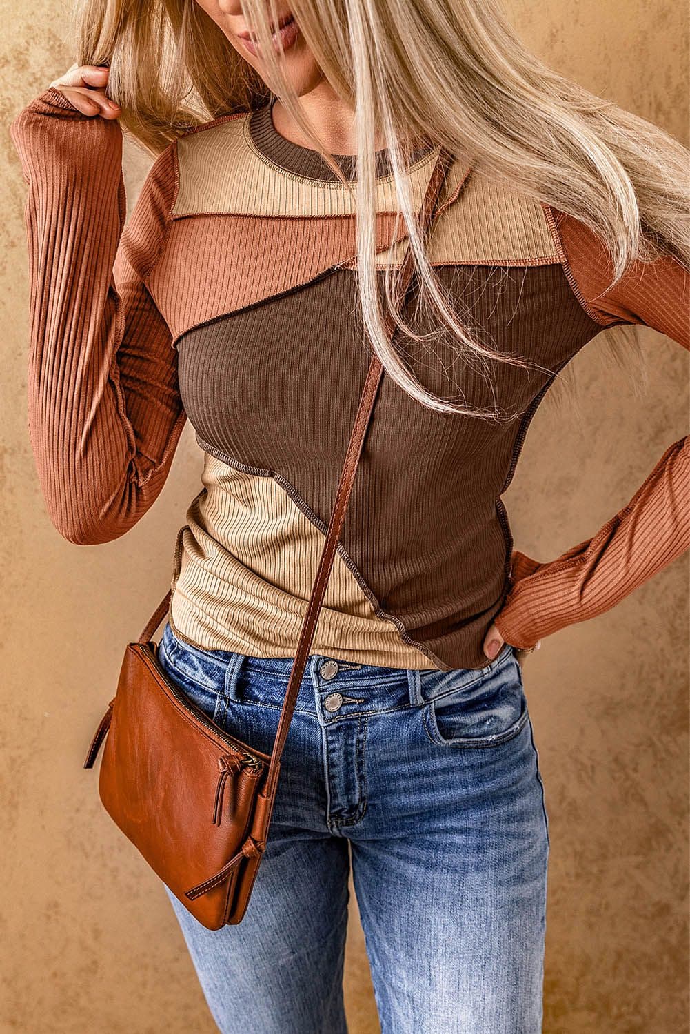 image-Brown Expose Seam Color Block Ribbed Knit Top