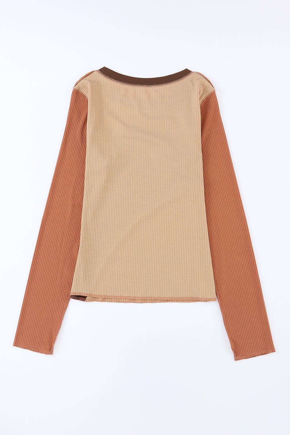 image-Brown Expose Seam Color Block Ribbed Knit Top