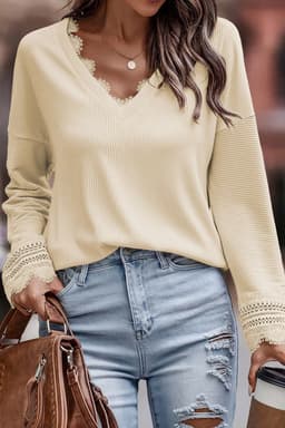 image-Apricot Ribbed Texture Lace Trim V Neck Long Sleeve Top