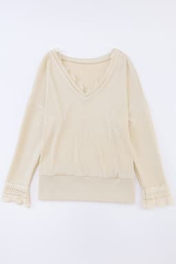 image-Apricot Ribbed Texture Lace Trim V Neck Long Sleeve Top