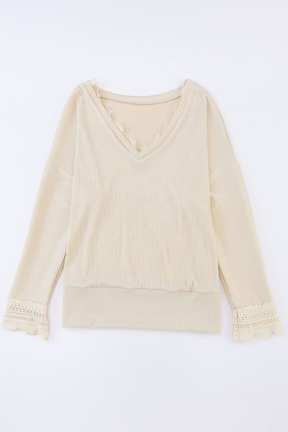 image-Apricot Ribbed Texture Lace Trim V Neck Long Sleeve Top