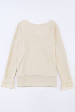 image-Apricot Ribbed Texture Lace Trim V Neck Long Sleeve Top