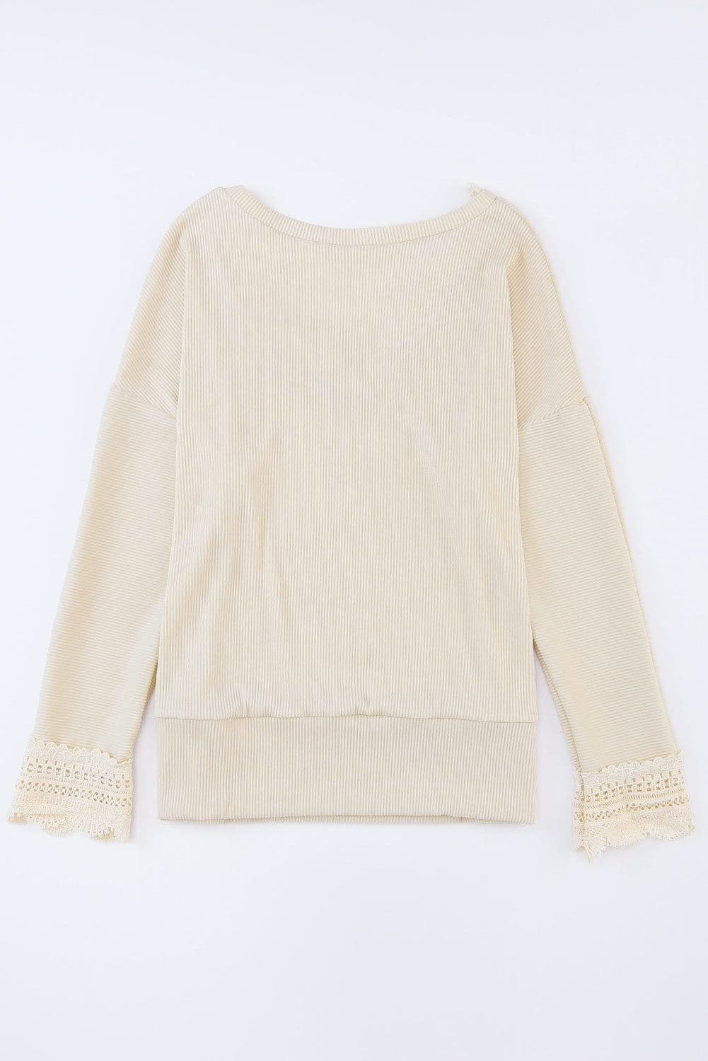 image-Apricot Ribbed Texture Lace Trim V Neck Long Sleeve Top