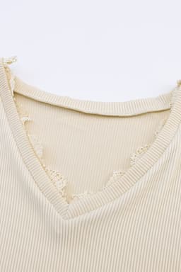 image-Apricot Ribbed Texture Lace Trim V Neck Long Sleeve Top