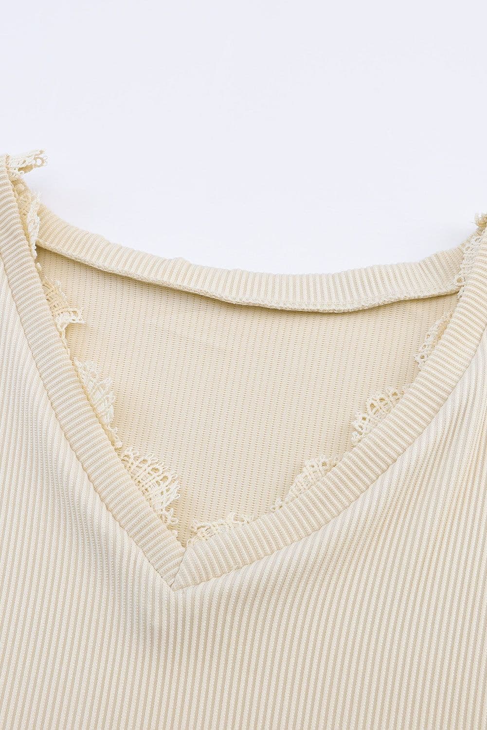 image-Apricot Ribbed Texture Lace Trim V Neck Long Sleeve Top
