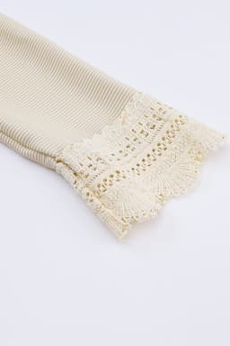 image-Apricot Ribbed Texture Lace Trim V Neck Long Sleeve Top