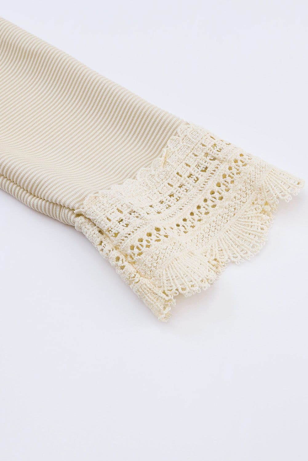 image-Apricot Ribbed Texture Lace Trim V Neck Long Sleeve Top