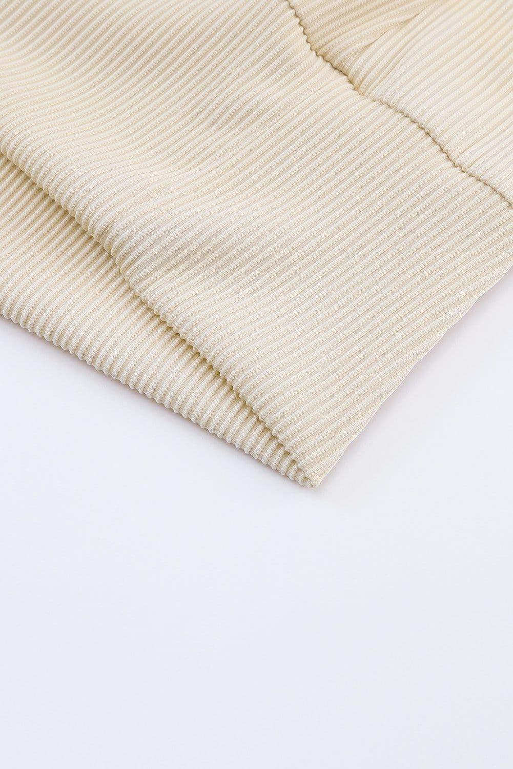 image-Apricot Ribbed Texture Lace Trim V Neck Long Sleeve Top