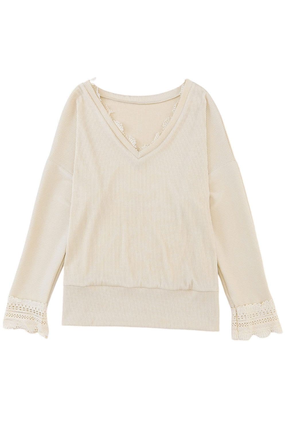 image-Apricot Ribbed Texture Lace Trim V Neck Long Sleeve Top