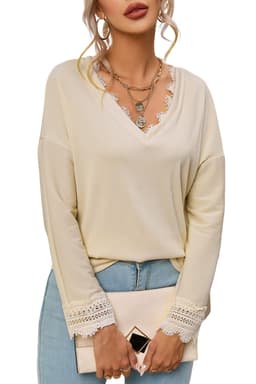 image-Apricot Ribbed Texture Lace Trim V Neck Long Sleeve Top