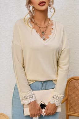 image-Apricot Ribbed Texture Lace Trim V Neck Long Sleeve Top
