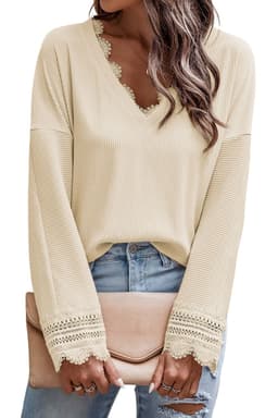 image-Apricot Ribbed Texture Lace Trim V Neck Long Sleeve Top