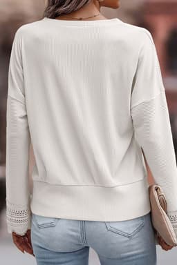 image-Apricot Ribbed Texture Lace Trim V Neck Long Sleeve Top