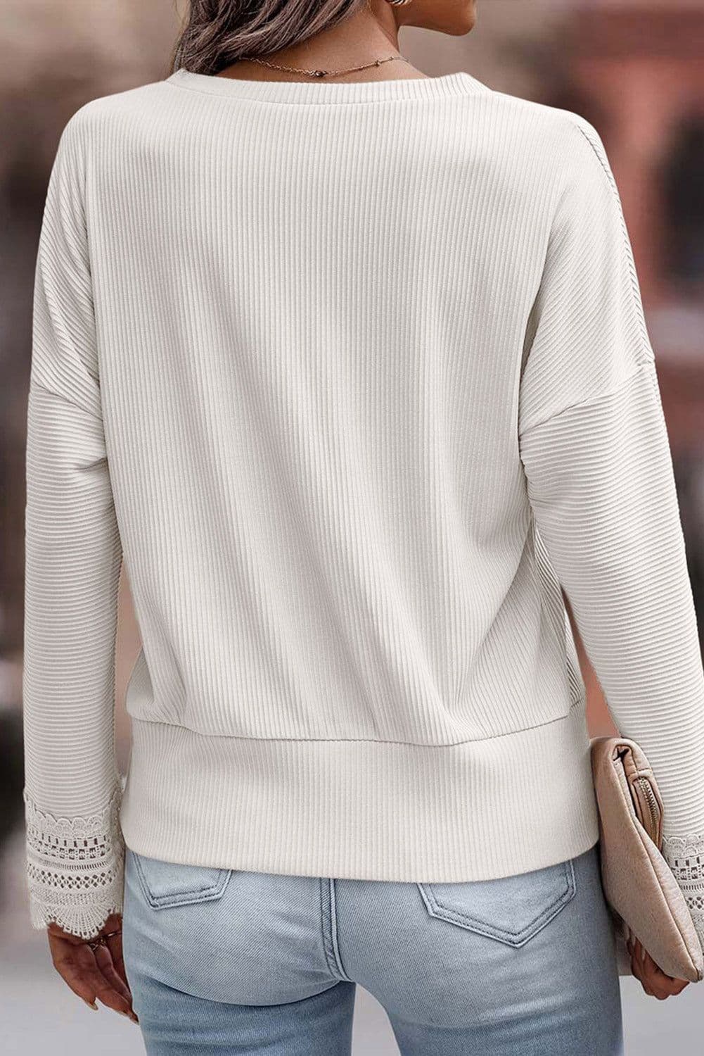 image-Apricot Ribbed Texture Lace Trim V Neck Long Sleeve Top
