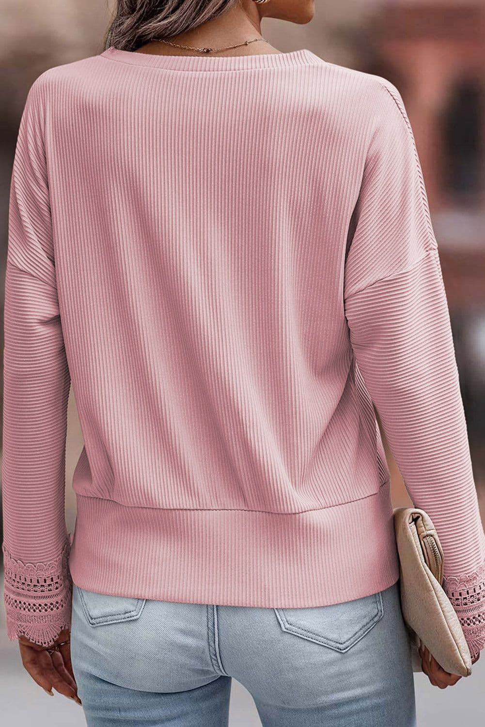 image-Apricot Ribbed Texture Lace Trim V Neck Long Sleeve Top