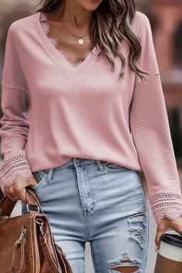 image-Apricot Ribbed Texture Lace Trim V Neck Long Sleeve Top
