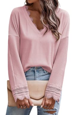 image-Apricot Ribbed Texture Lace Trim V Neck Long Sleeve Top