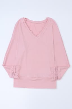 image-Apricot Ribbed Texture Lace Trim V Neck Long Sleeve Top